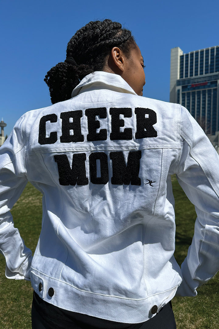 "CHEER MOM" White Jean Jacket Back View