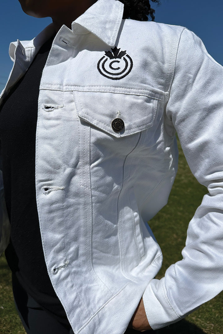 "CHEER MOM" White Jean Jacket Front View