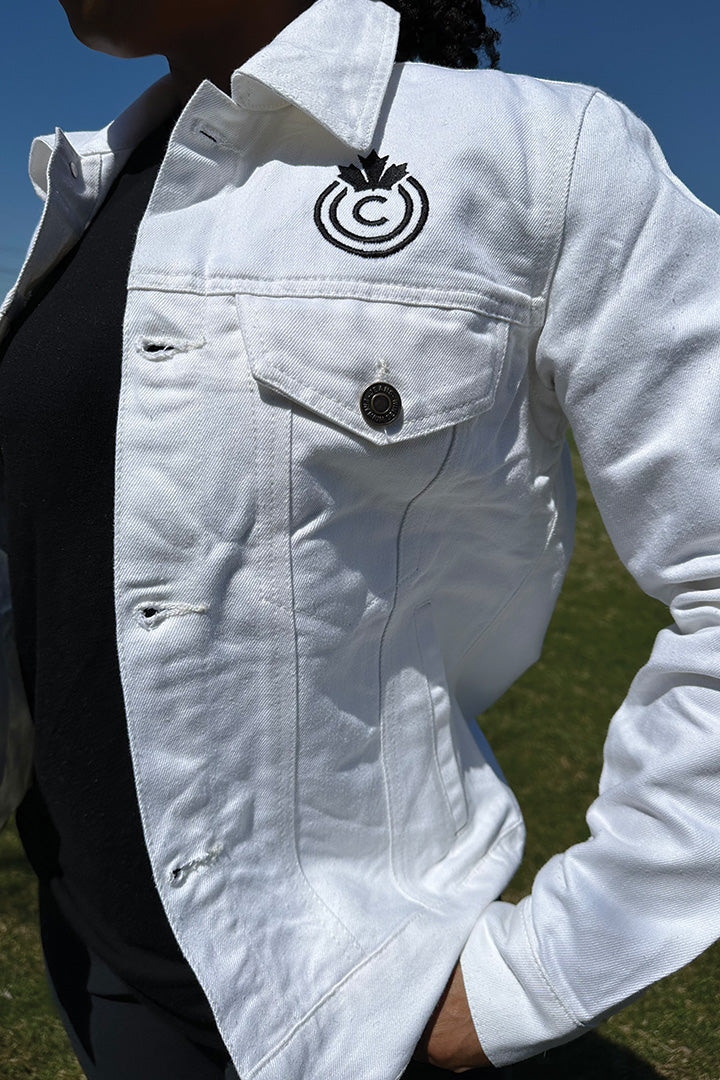 "CHEER MOM" White Jean Jacket Front View