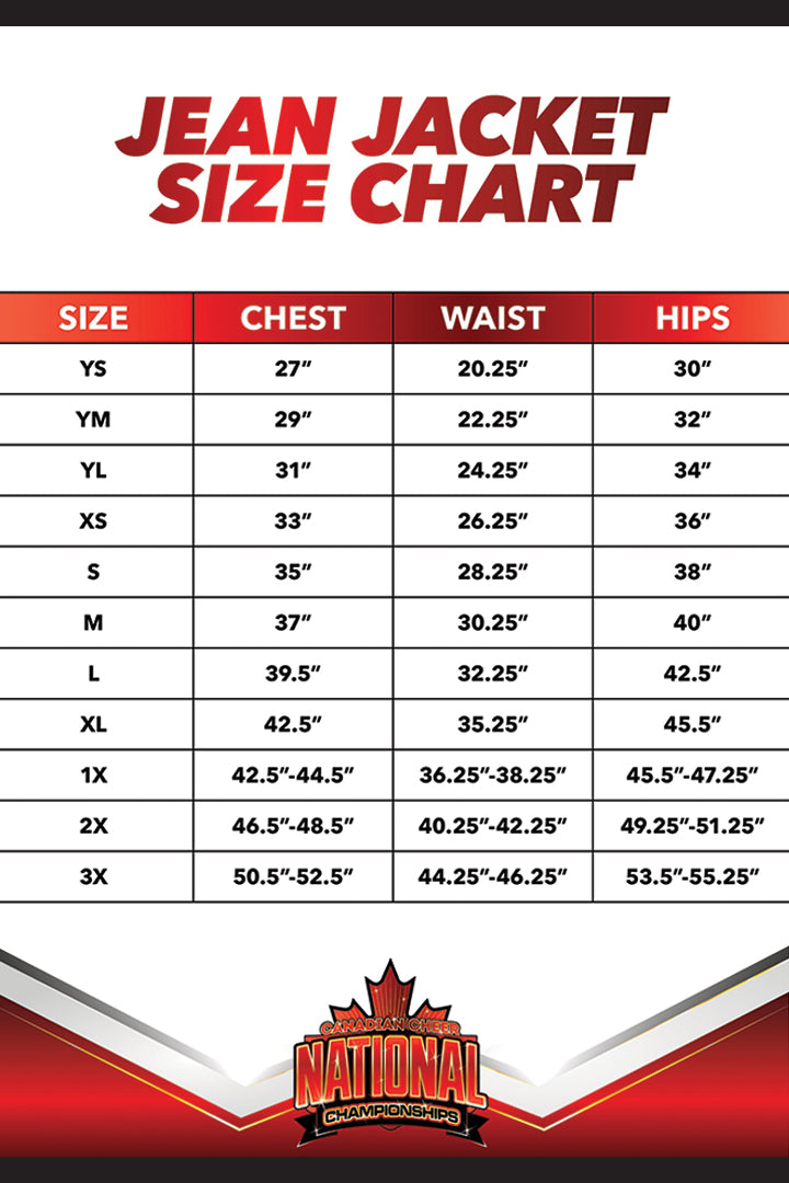 Pro Cheer Jean Jacket Size Chart